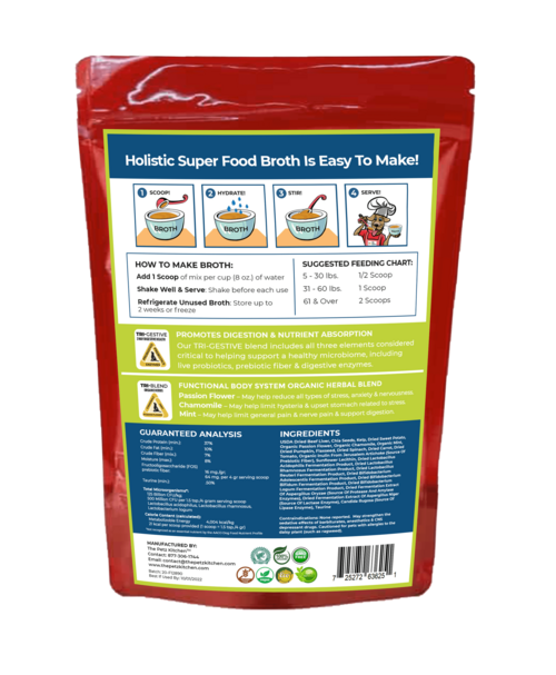 Caldo Super Food de Petz Kitchen para aliviar el estrés canino y felino